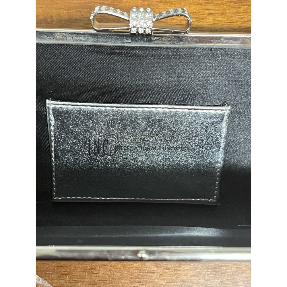 INC International Concepts Black Glitter Bow Clutch Wrist Strap Rhinestone Clasp - Picture 3 of 5